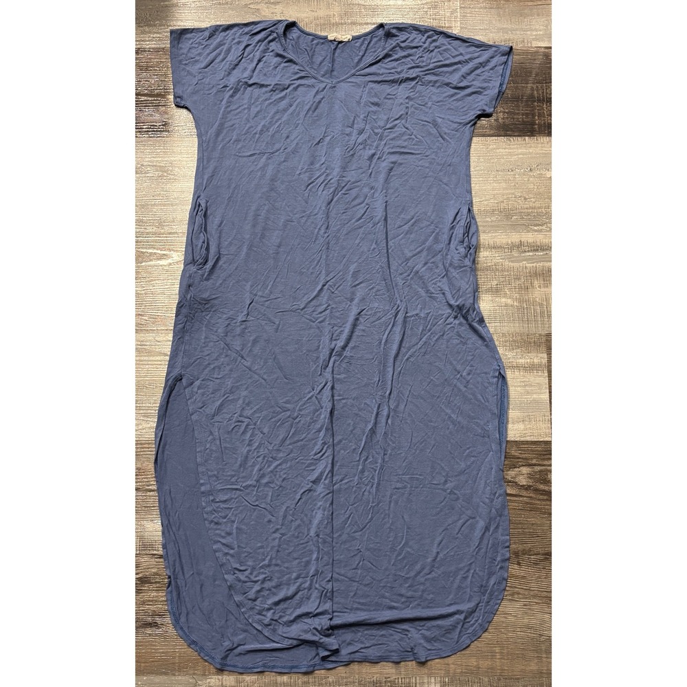 Moa Moa Womens Blue V-Neck Maxi Dress Short Sleeve Pockets Side Slits Size M